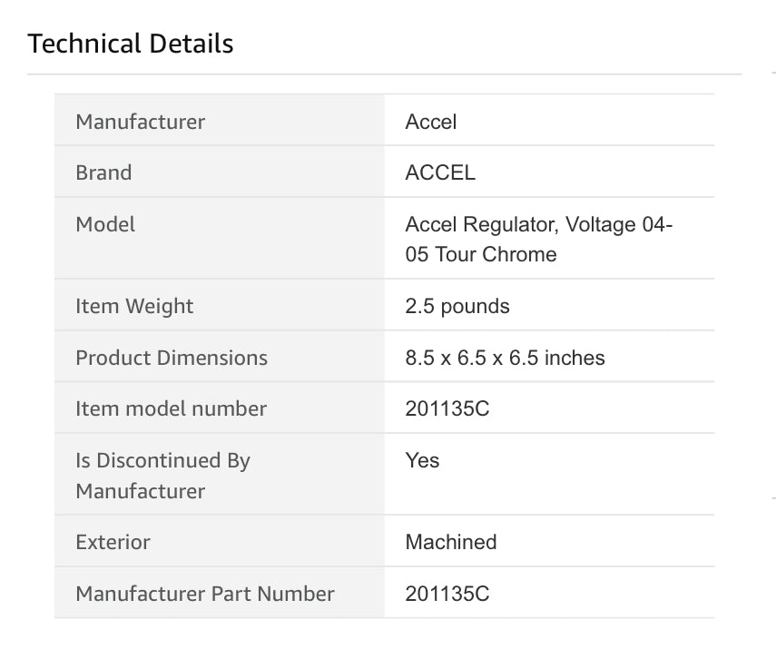 ACCEL Motorcycle 201135C REGLTR,VLTG 04-05 Tour CHRM