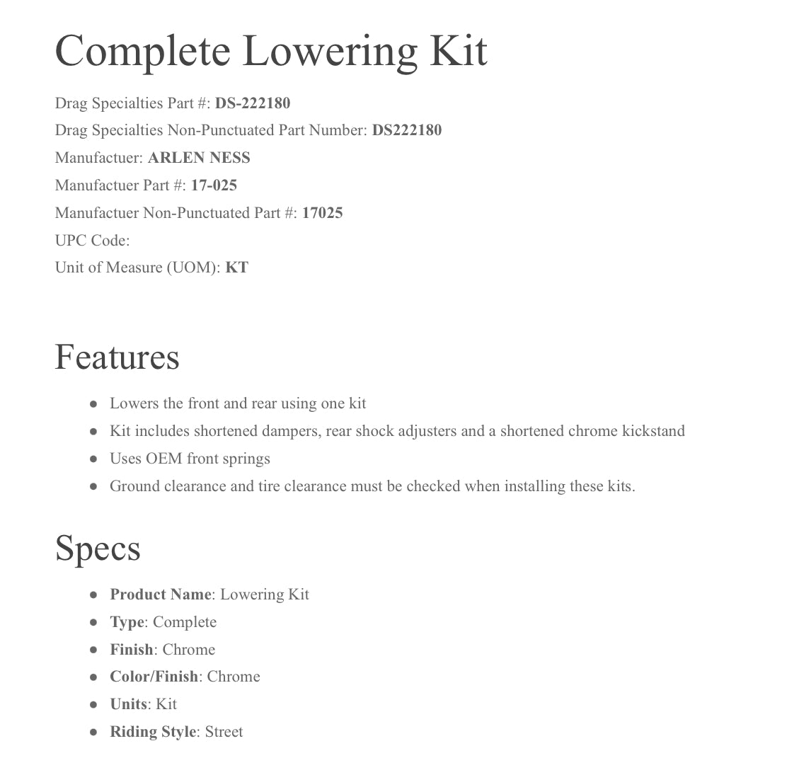 ARLEN NESS 17-025 LOWRNG KIT 00-06FXST FLST DS-222180