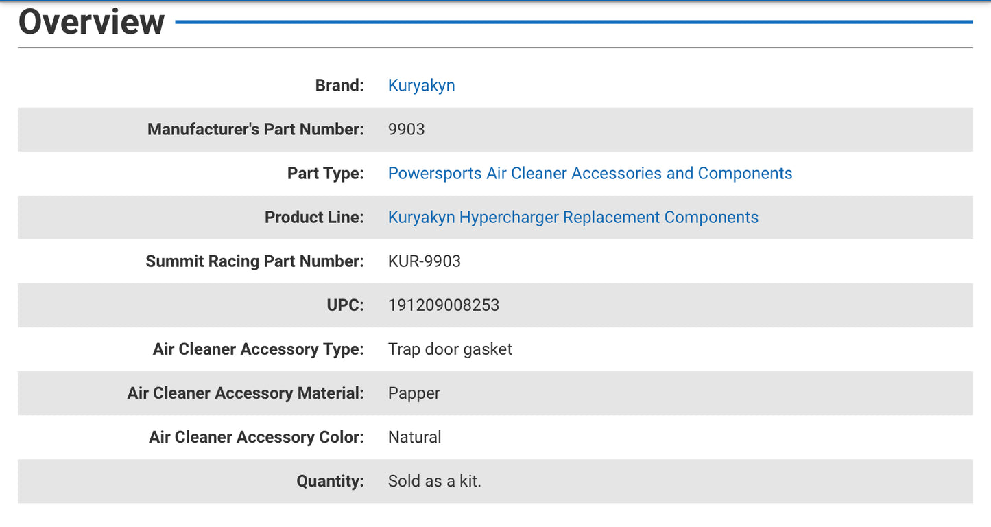 Kuryakyn Hypercharger Replacement Components 9903 gasket